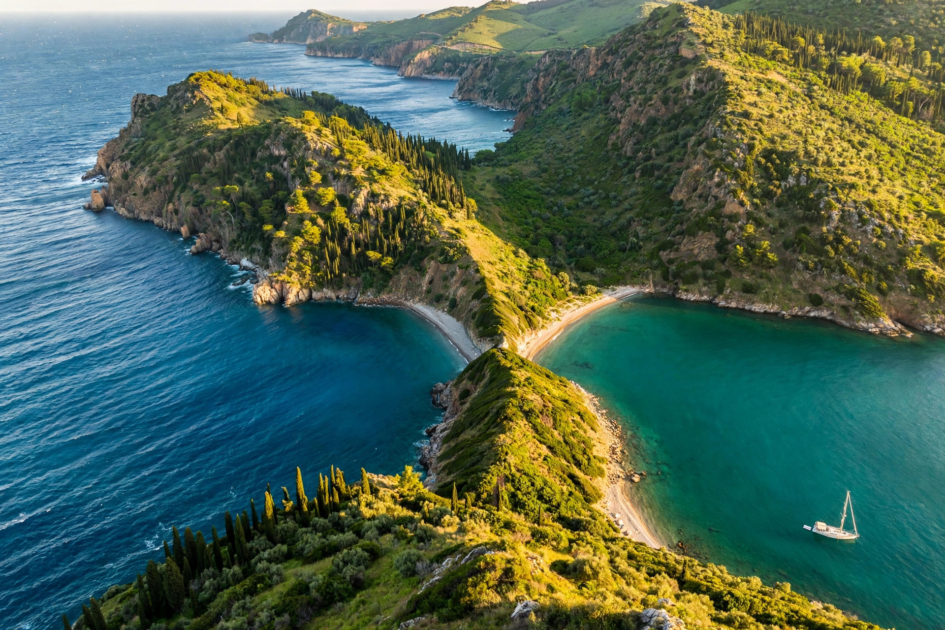 The twin bays of Porto Timoni near Paleokastritsa from above