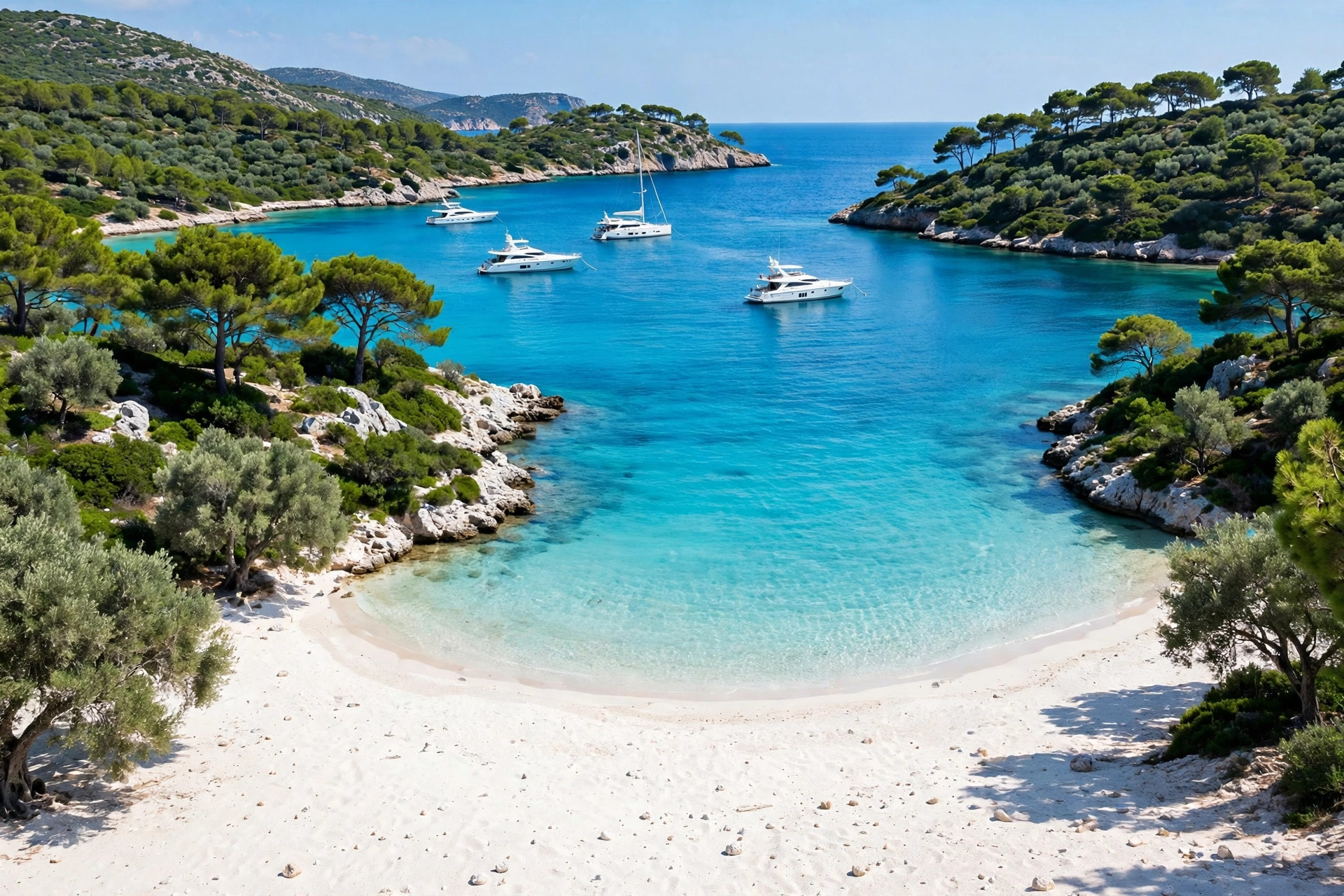 Yachts anchored in a turquoise bay at Paxos and Antipaxos