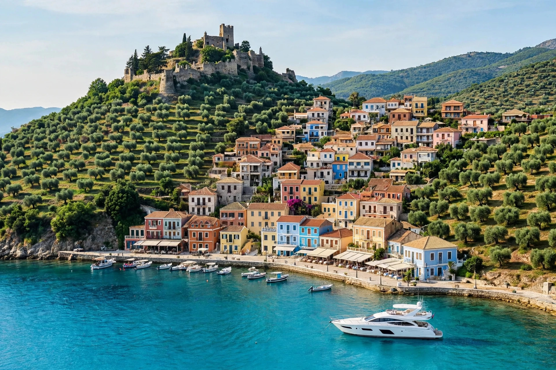 The harbour town of Parga below its castle hill, Sivota and Parga coast